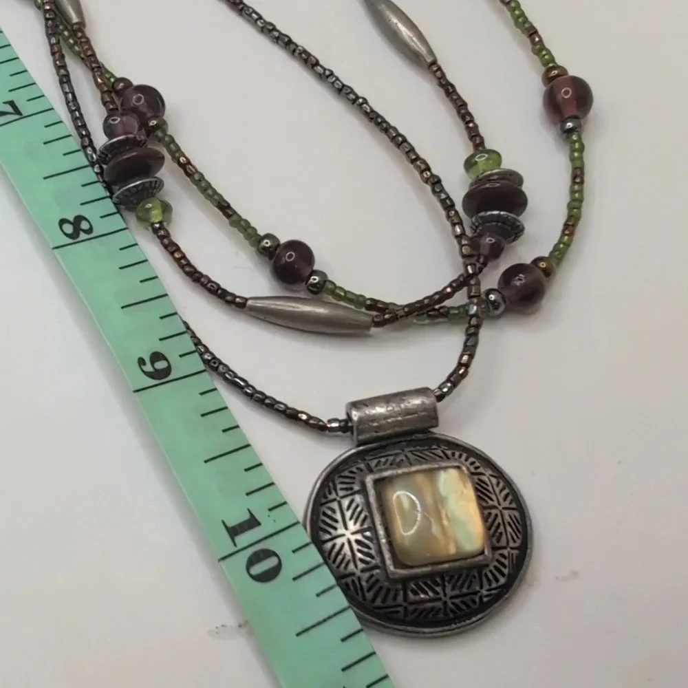 Chico's Silverstone green purple brown Glass necklace excellent used condition